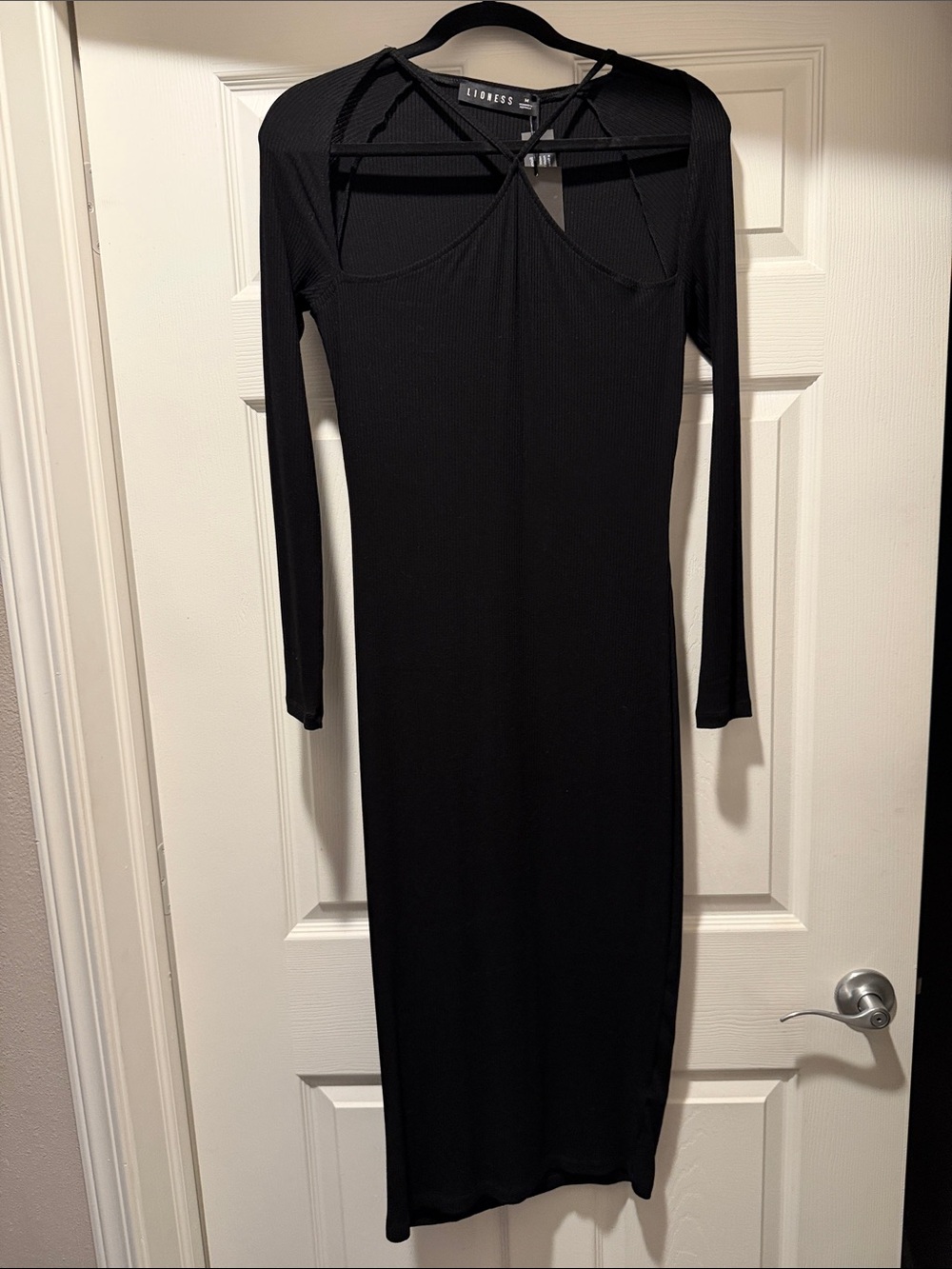 Lioness Black Long Sleeve Bodycon Midi Dress with Open Cut Out NWT